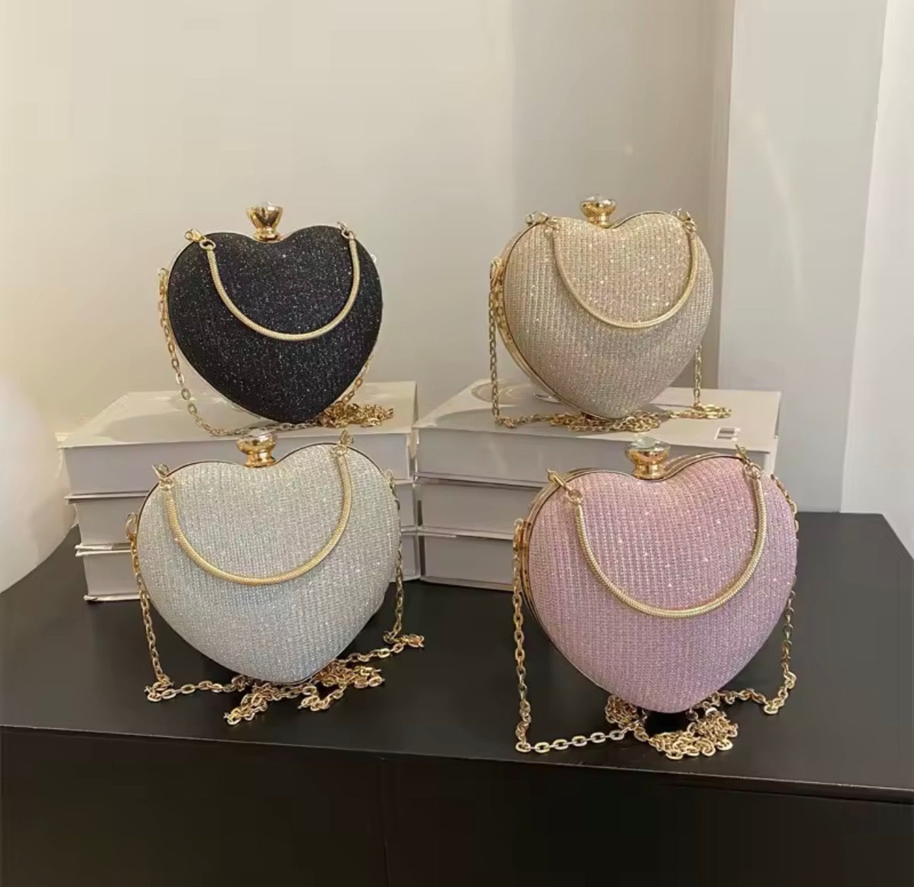 Pochette de soirée pour femmes, sac à main brillant en forme de cœur, pochettes en métal