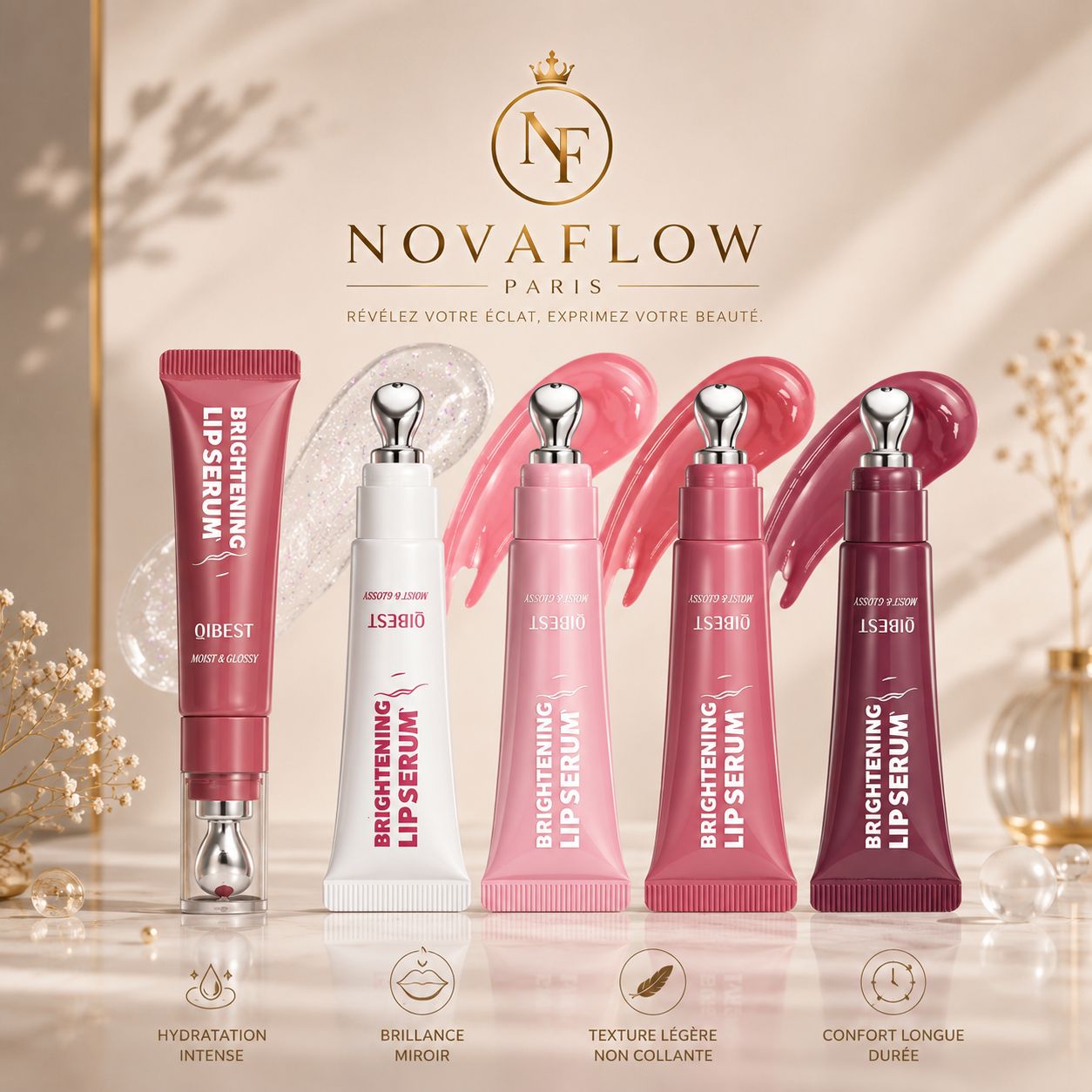 💋 NovaFlow™ Lip Serum Red Bean – Gloss Hydratant Effet Repulpant & Brillance Naturelle