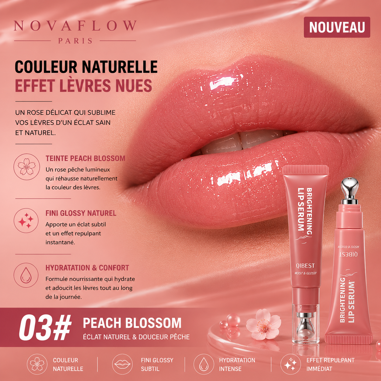 💋 NovaFlow™ Lip Serum Red Bean – Gloss Hydratant Effet Repulpant & Brillance Naturelle