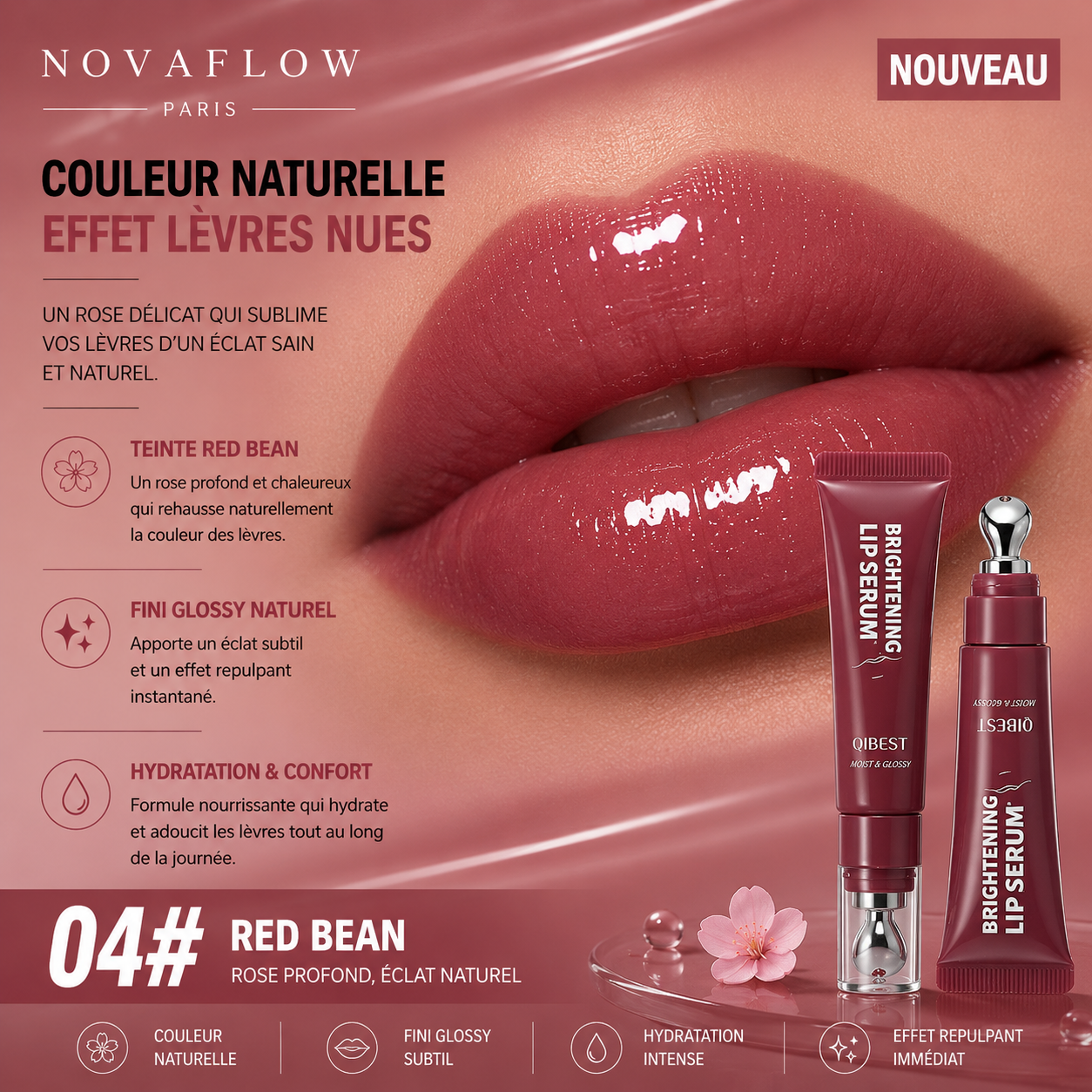 💋 NovaFlow™ Lip Serum Red Bean – Gloss Hydratant Effet Repulpant & Brillance Naturelle