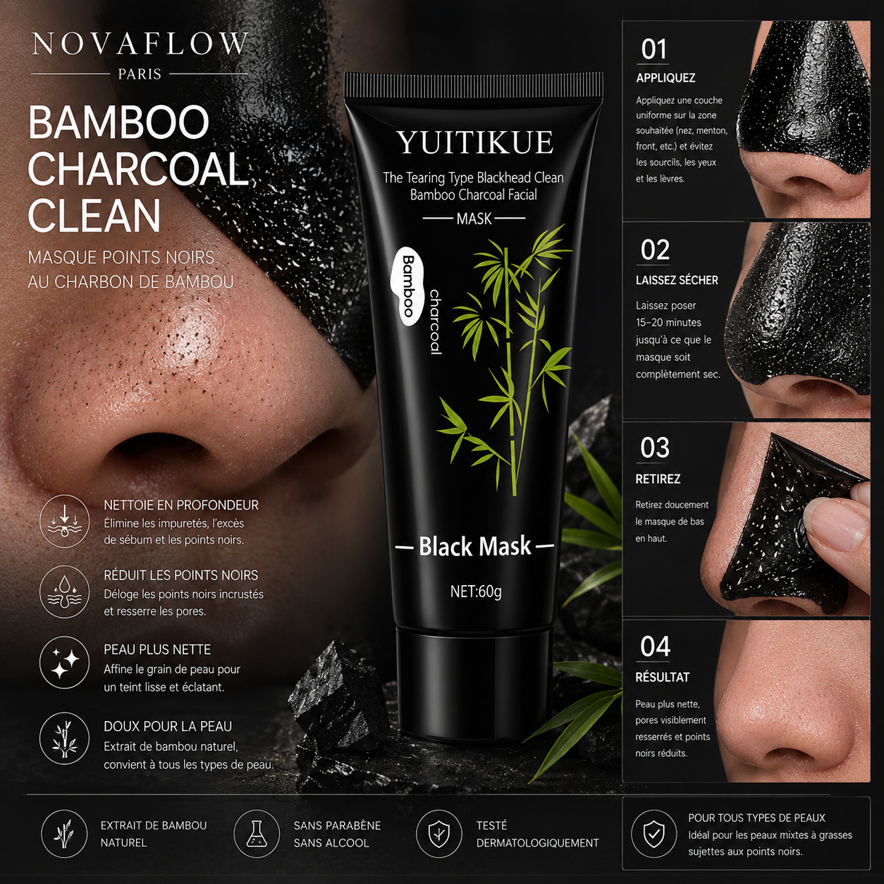 NovaFlow™ Bamboo Charcoal Clean – Masque Peel-Off Anti-Points Noirs Purifiant 60g