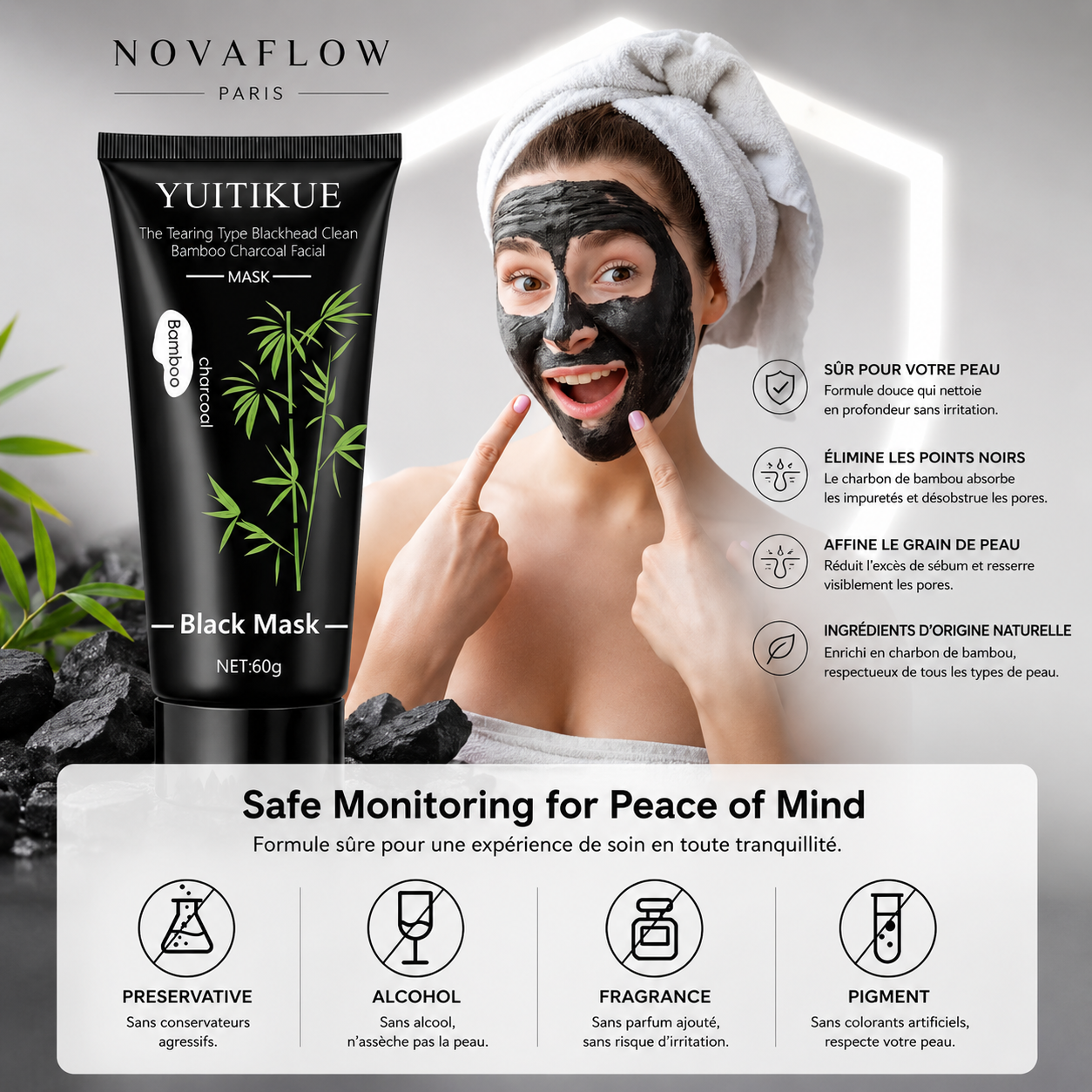 NovaFlow™ Bamboo Charcoal Clean – Masque Peel-Off Anti-Points Noirs Purifiant 60g
