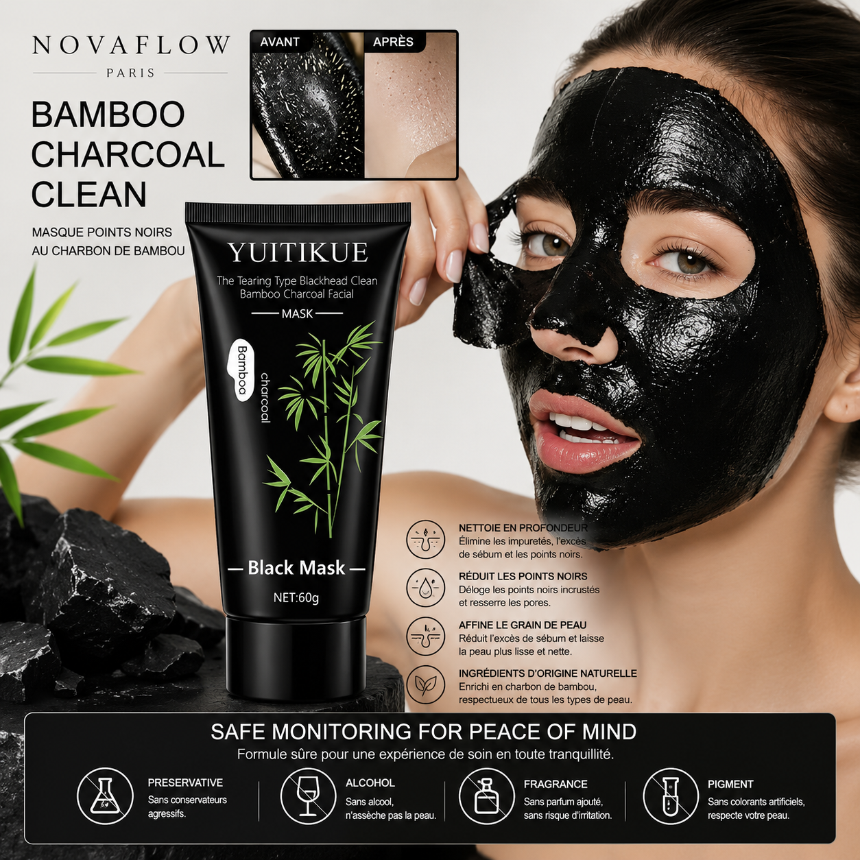 NovaFlow™ Bamboo Charcoal Clean – Masque Peel-Off Anti-Points Noirs Purifiant 60g