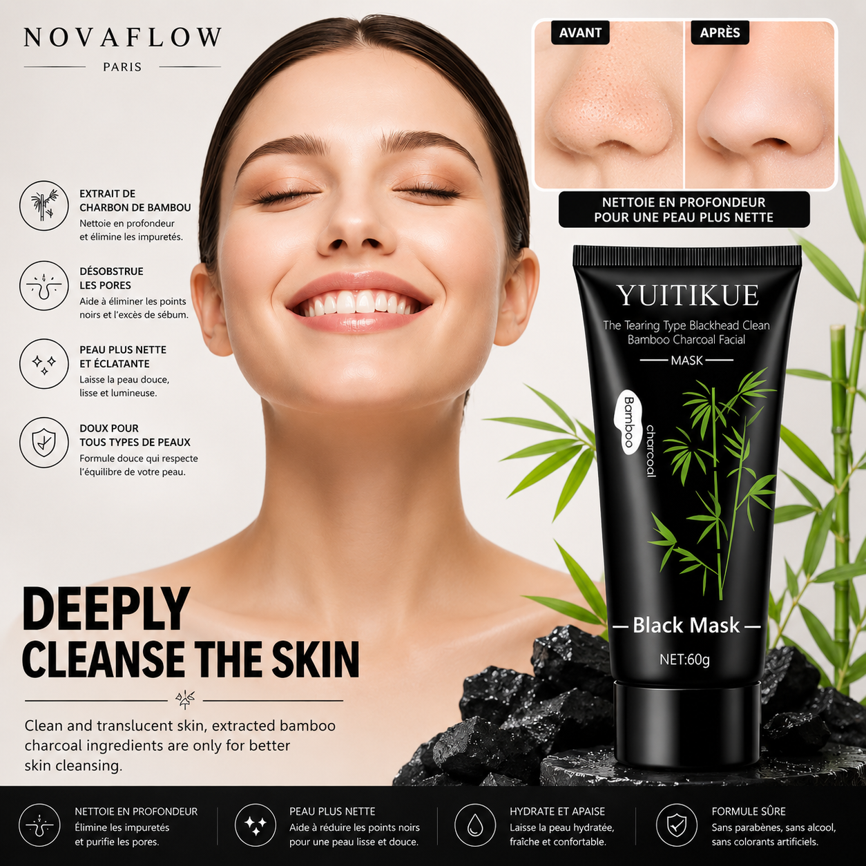 NovaFlow™ Bamboo Charcoal Clean – Masque Peel-Off Anti-Points Noirs Purifiant 60g