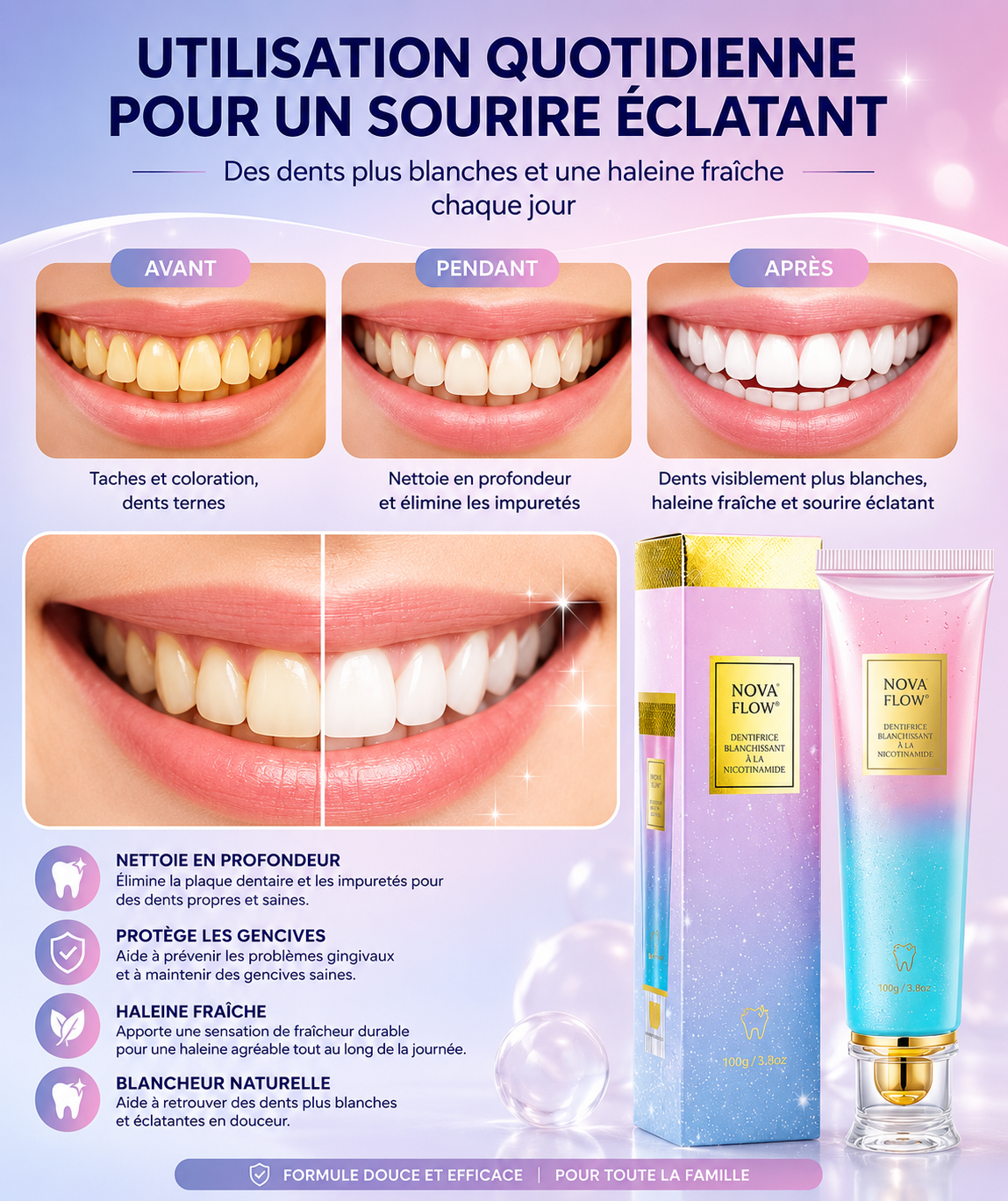 Dentifrice Blanchissant SADOER 100g – Élimine les Taches, Haleine Fraîche 24h & Sourire Éclatant