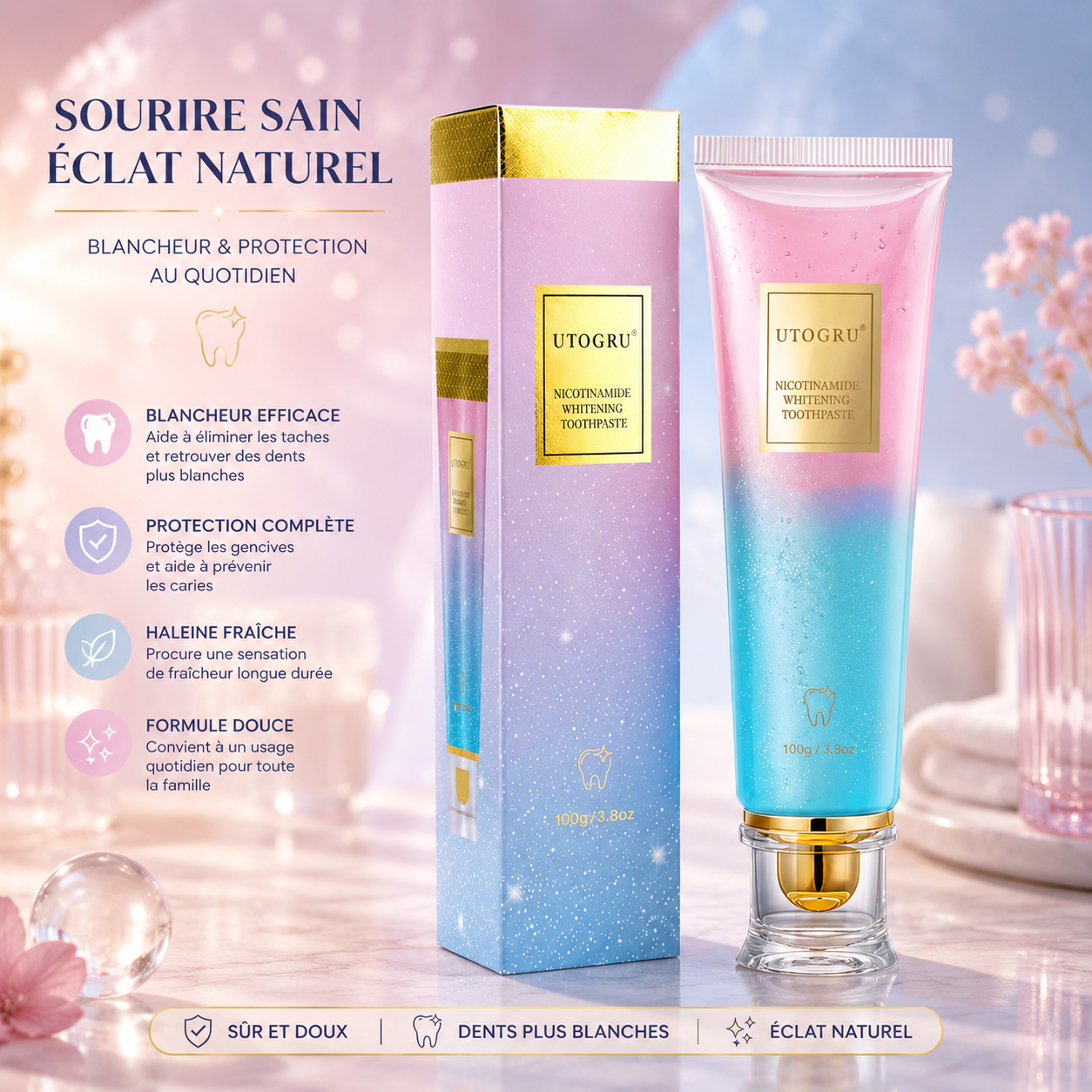 Dentifrice Blanchissant SADOER 100g – Élimine les Taches, Haleine Fraîche 24h & Sourire Éclatant
