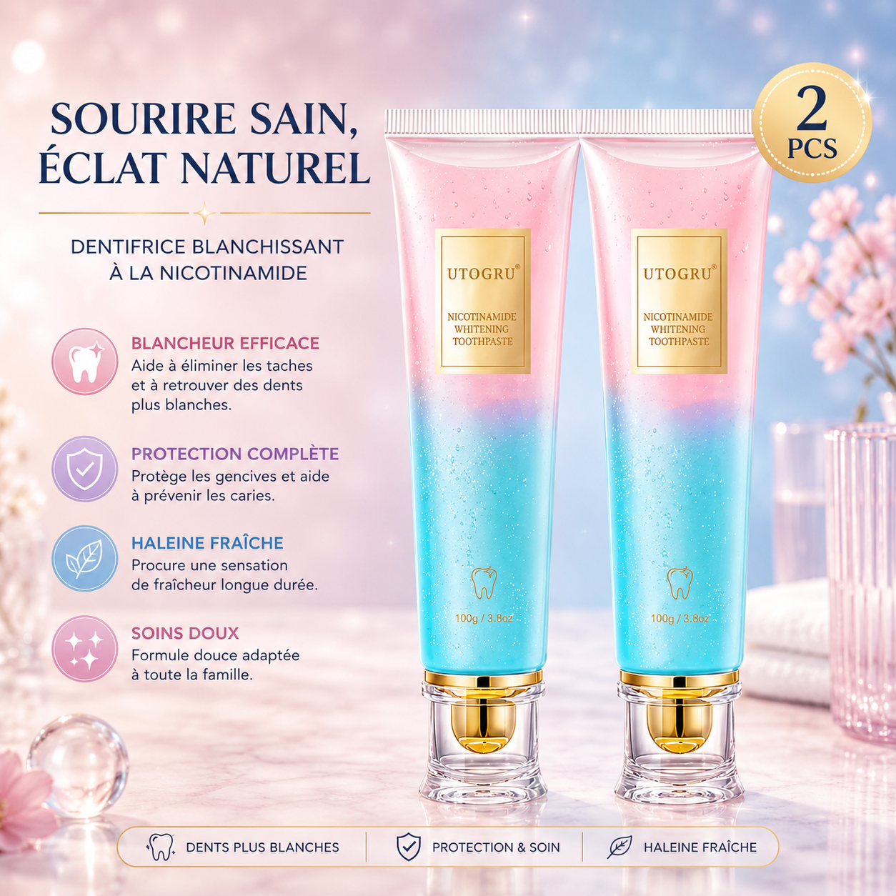 Dentifrice Blanchissant SADOER 100g – Élimine les Taches, Haleine Fraîche 24h & Sourire Éclatant