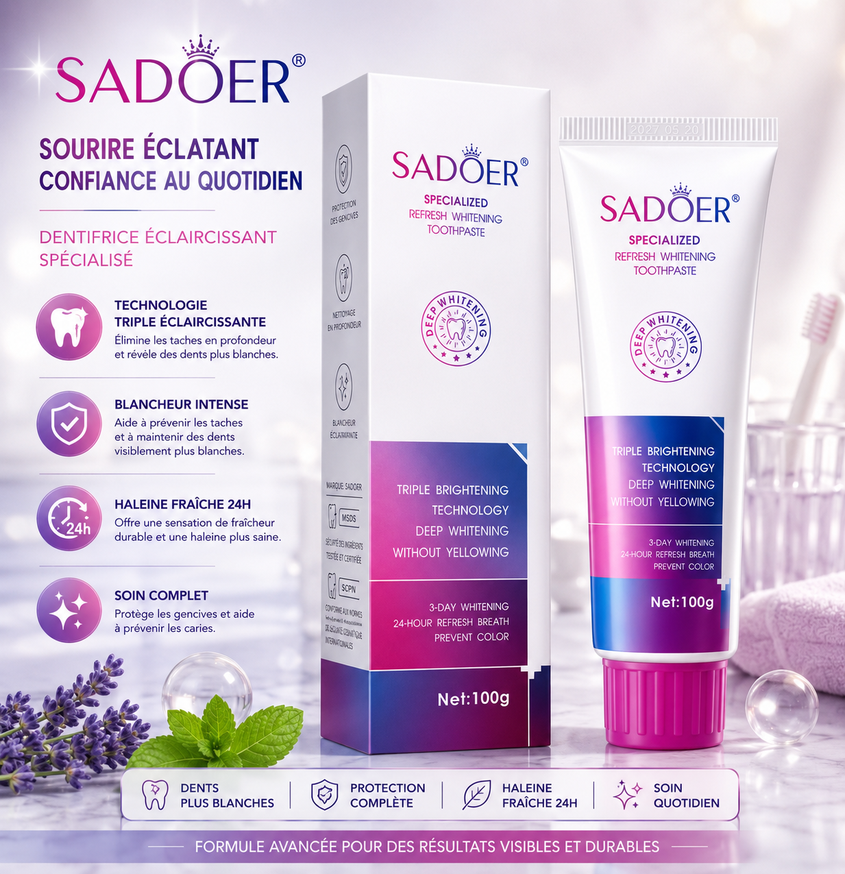 Dentifrice Blanchissant SADOER 100g – Élimine les Taches, Haleine Fraîche 24h & Sourire Éclatant