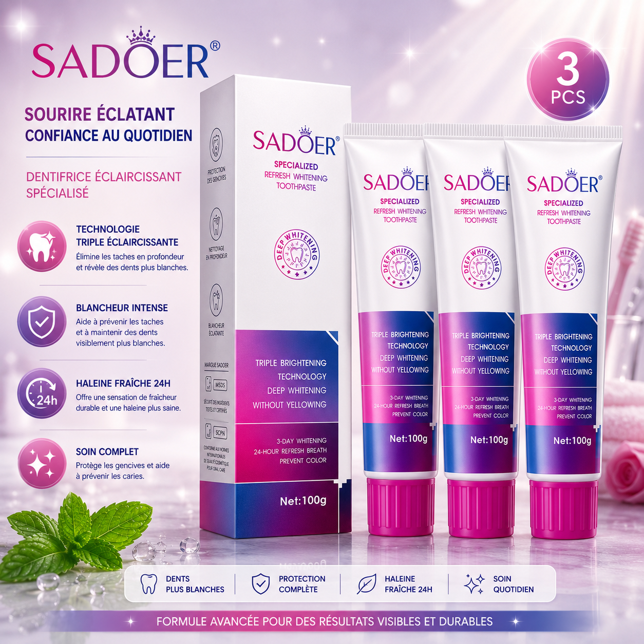 Dentifrice Blanchissant SADOER 100g – Élimine les Taches, Haleine Fraîche 24h & Sourire Éclatant