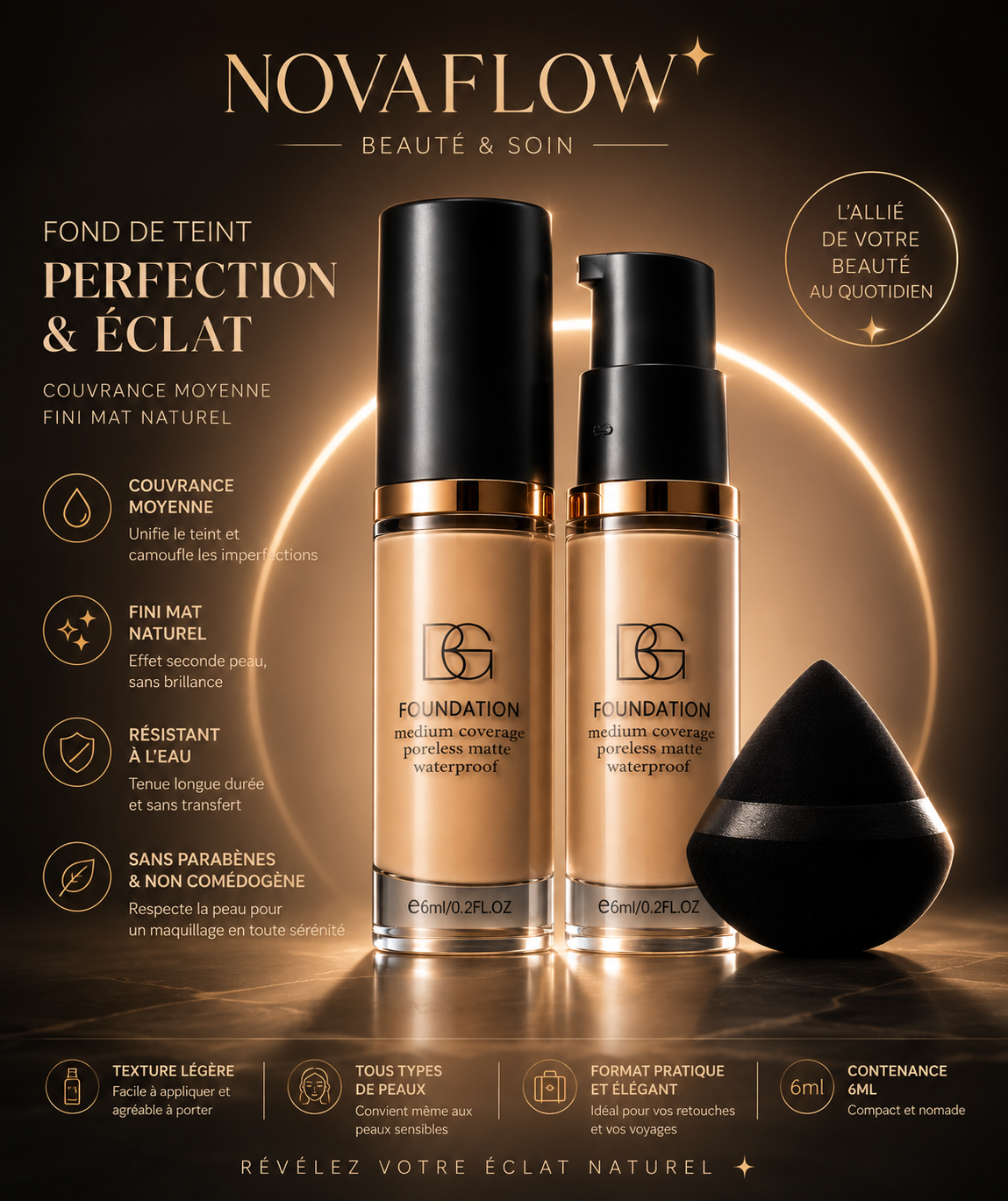 Fond de Teint Liquide Waterproof BG  – Couvrance Moyenne, Fini Mat Naturel, Longue Tenue avec Éponge Maquillage