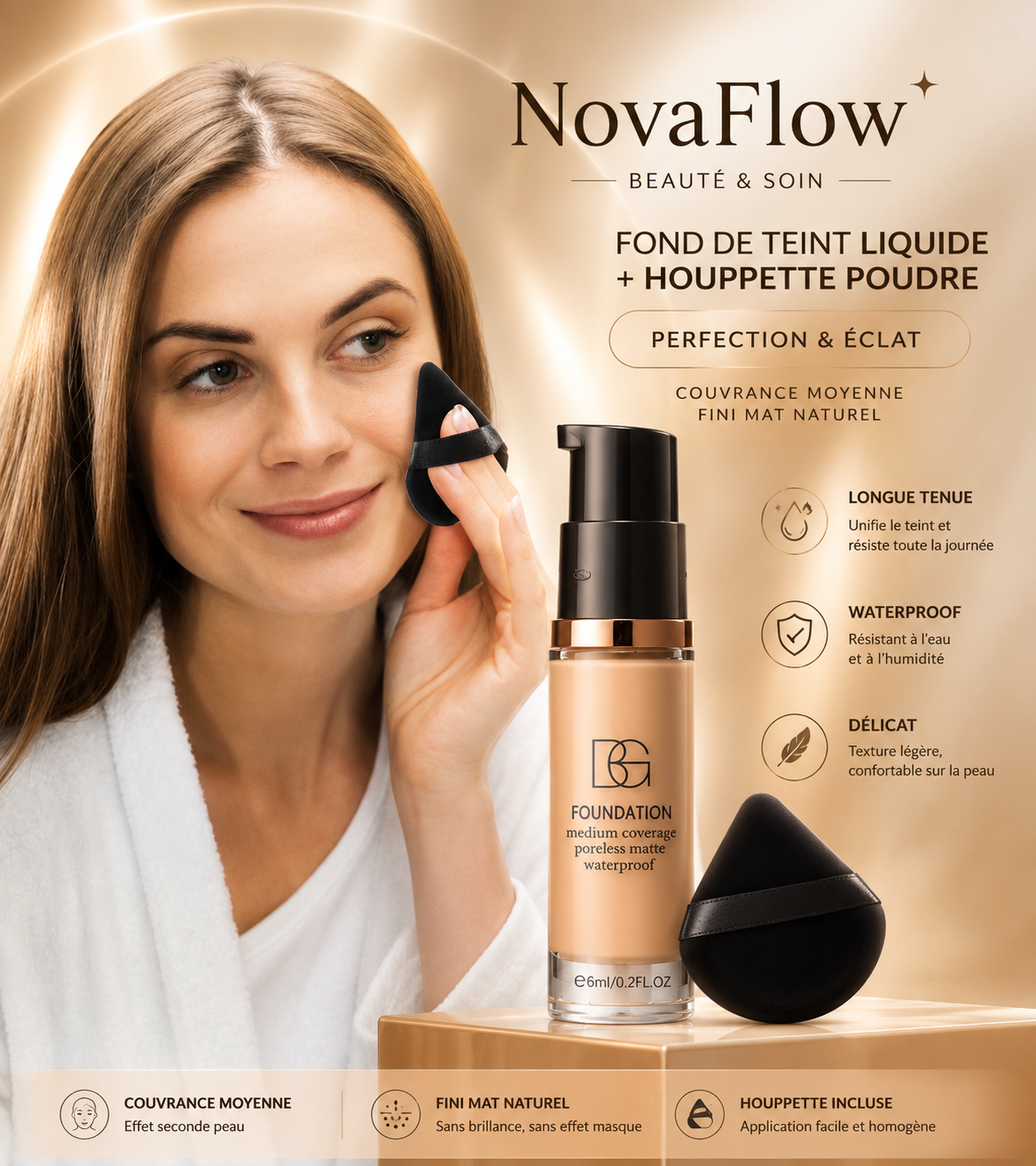 Fond de Teint Liquide Waterproof BG  – Couvrance Moyenne, Fini Mat Naturel, Longue Tenue avec Éponge Maquillage