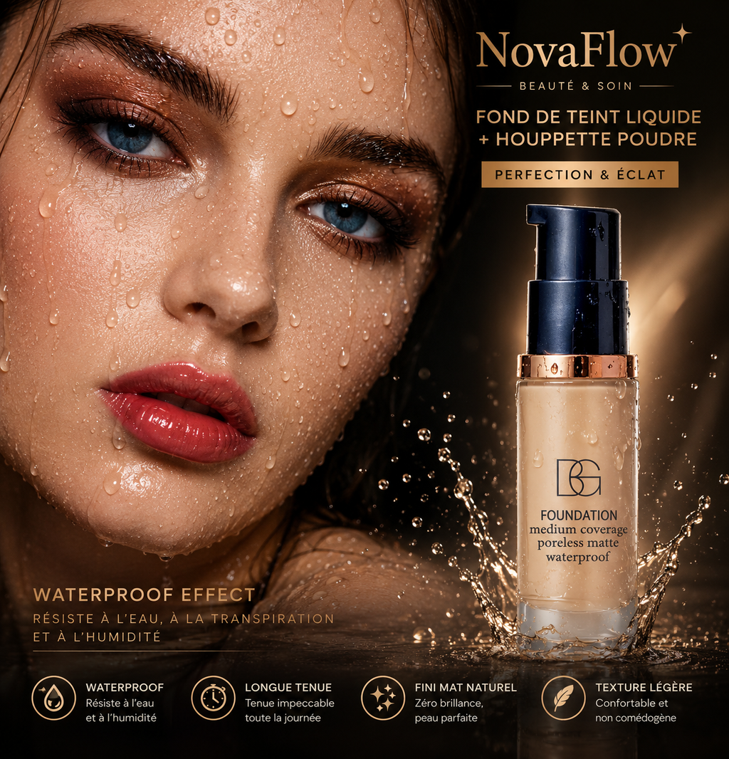 Fond de Teint Liquide Waterproof BG  – Couvrance Moyenne, Fini Mat Naturel, Longue Tenue avec Éponge Maquillage