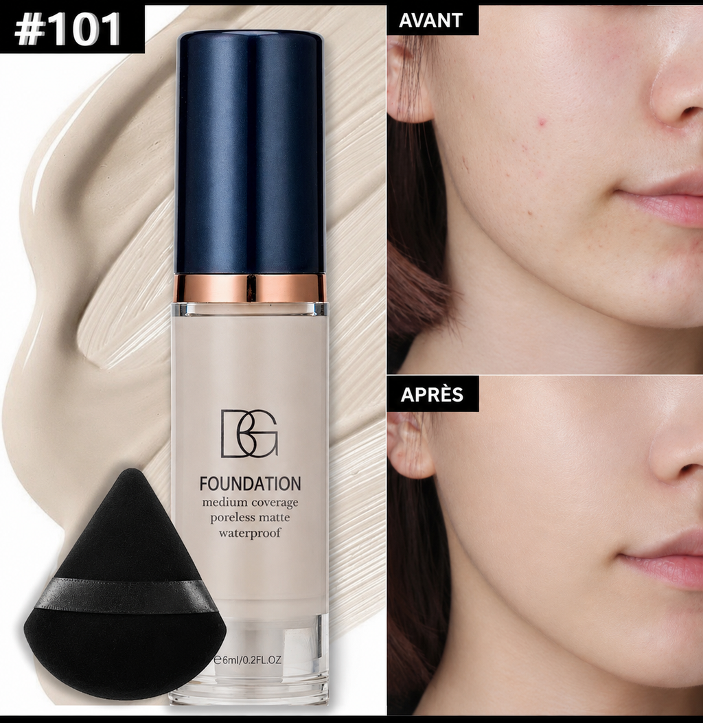Fond de Teint Liquide Waterproof BG  – Couvrance Moyenne, Fini Mat Naturel, Longue Tenue avec Éponge Maquillage