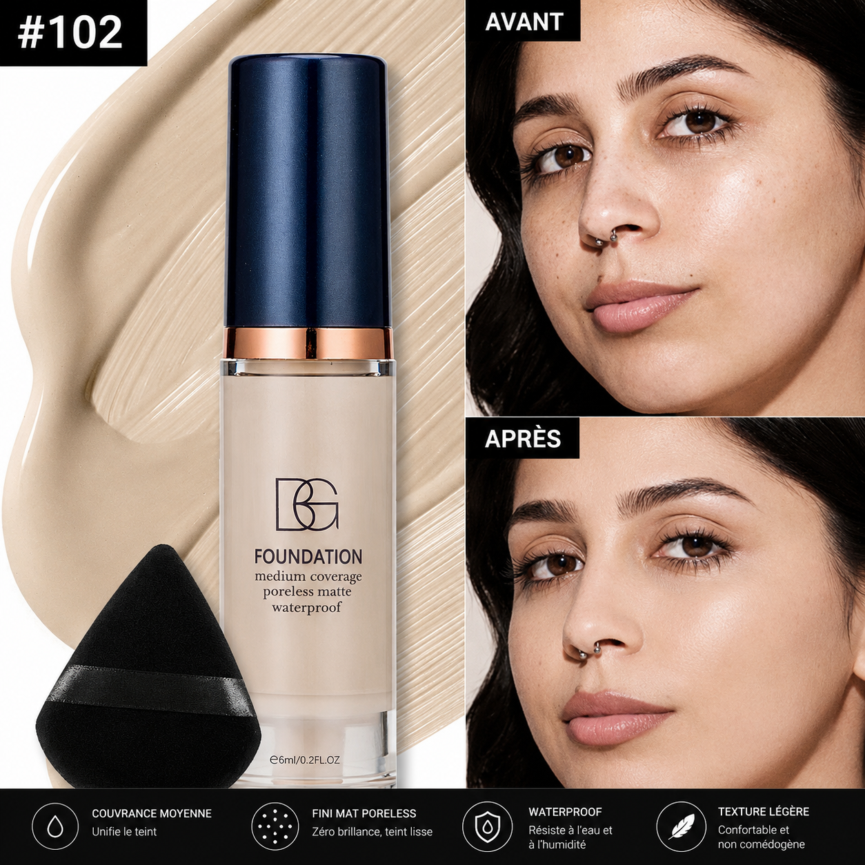 Fond de Teint Liquide Waterproof BG  – Couvrance Moyenne, Fini Mat Naturel, Longue Tenue avec Éponge Maquillage