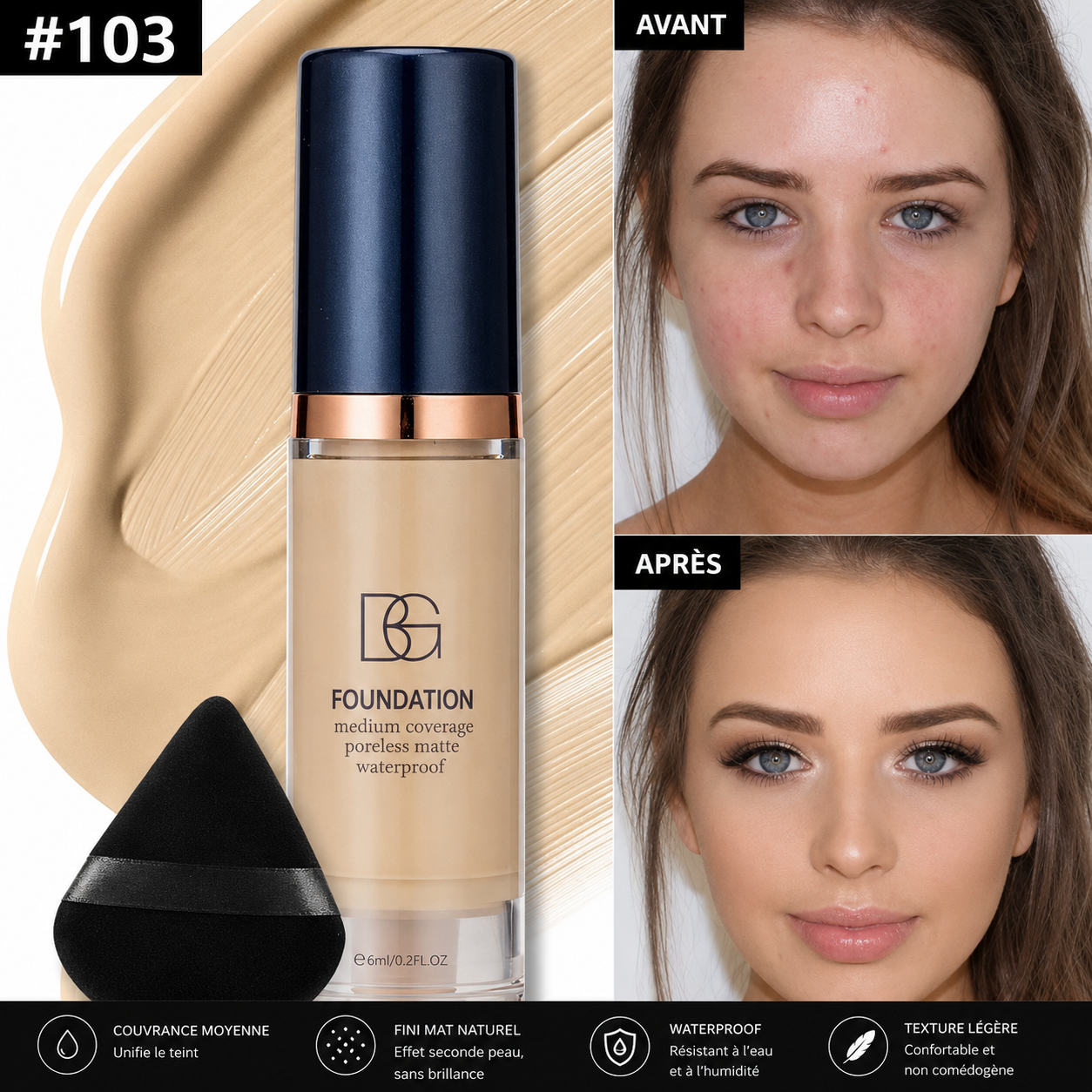 Fond de Teint Liquide Waterproof BG  – Couvrance Moyenne, Fini Mat Naturel, Longue Tenue avec Éponge Maquillage