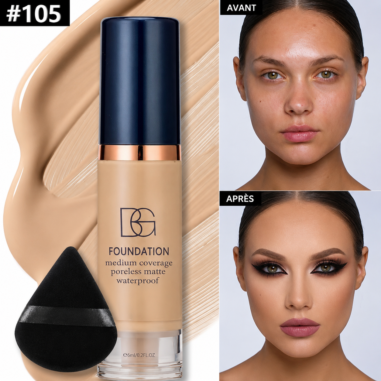 Fond de Teint Liquide Waterproof BG  – Couvrance Moyenne, Fini Mat Naturel, Longue Tenue avec Éponge Maquillage
