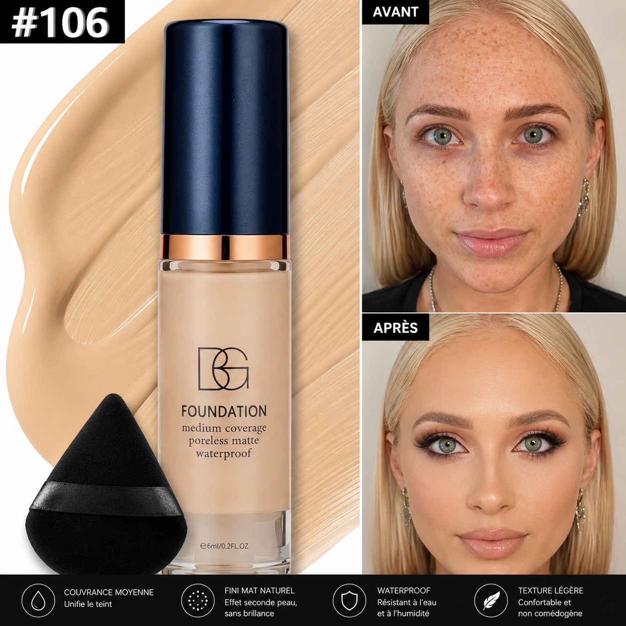 Fond de Teint Liquide Waterproof BG  – Couvrance Moyenne, Fini Mat Naturel, Longue Tenue avec Éponge Maquillage
