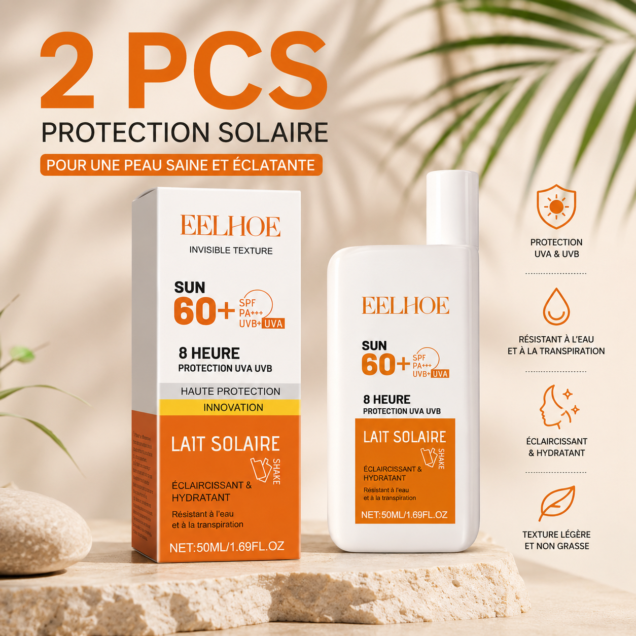 Crème Solaire EELHOE SPF 60+ PA+++ UVA/UVB – Protection 8H Hydratante & Waterproof 50 ml