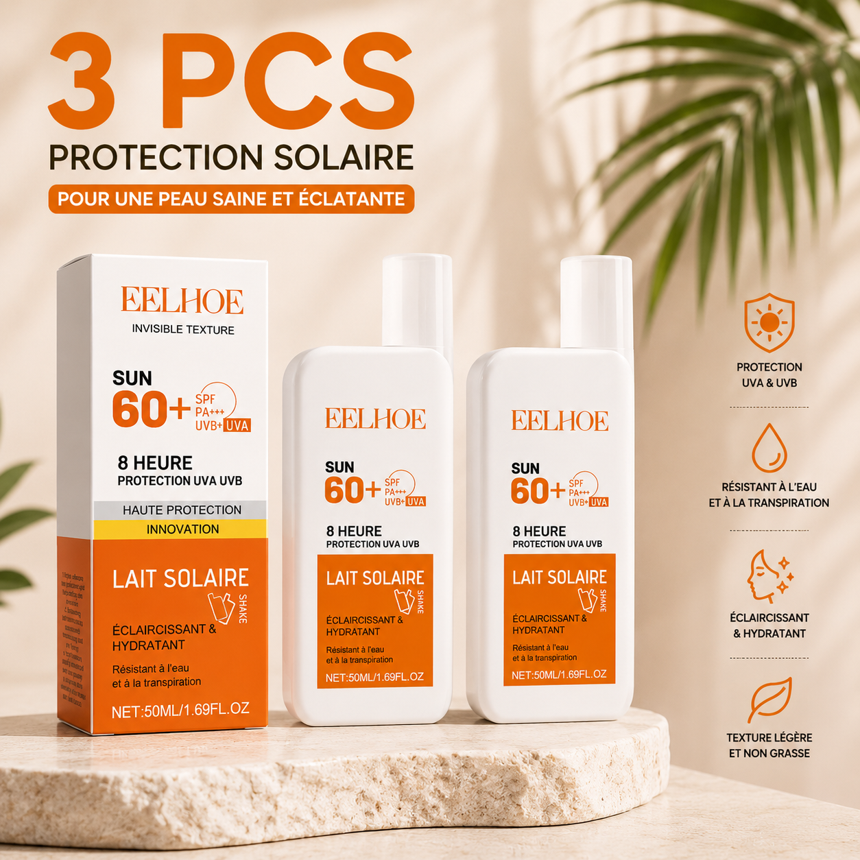 Crème Solaire EELHOE SPF 60+ PA+++ UVA/UVB – Protection 8H Hydratante & Waterproof 50 ml