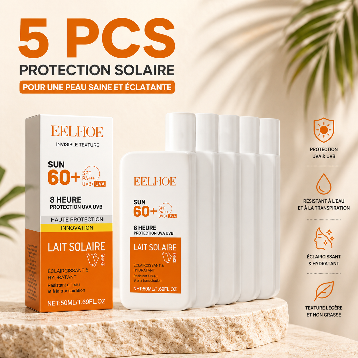 Crème Solaire EELHOE SPF 60+ PA+++ UVA/UVB – Protection 8H Hydratante & Waterproof 50 ml