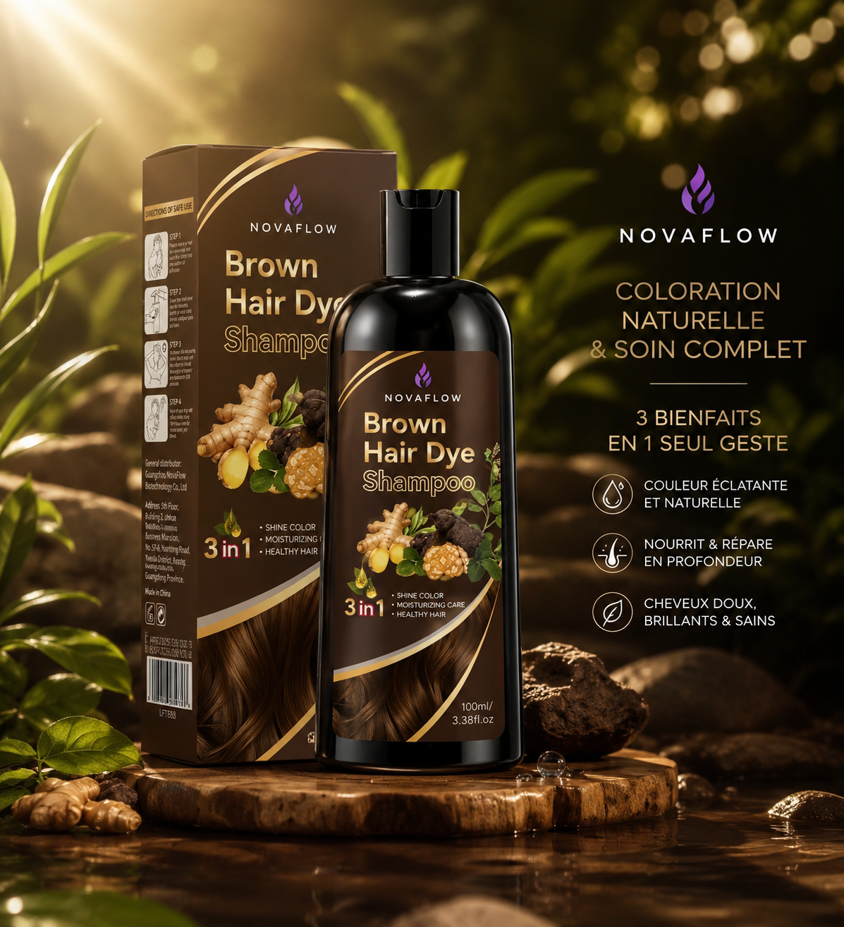 NovaFlow™ Shampoing Traitant Colorant au Curcuma 3-en-1 – Formule Nourrissante Douce à Base de Plantes