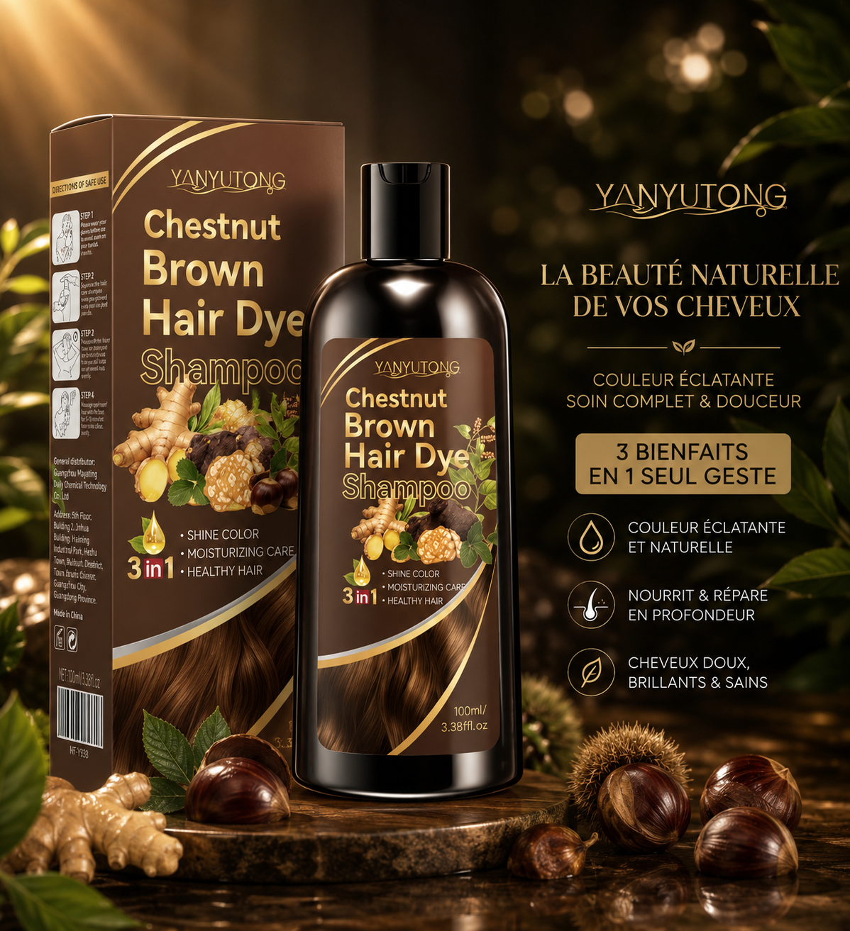 NovaFlow™ Shampoing Traitant Colorant au Curcuma 3-en-1 – Formule Nourrissante Douce à Base de Plantes