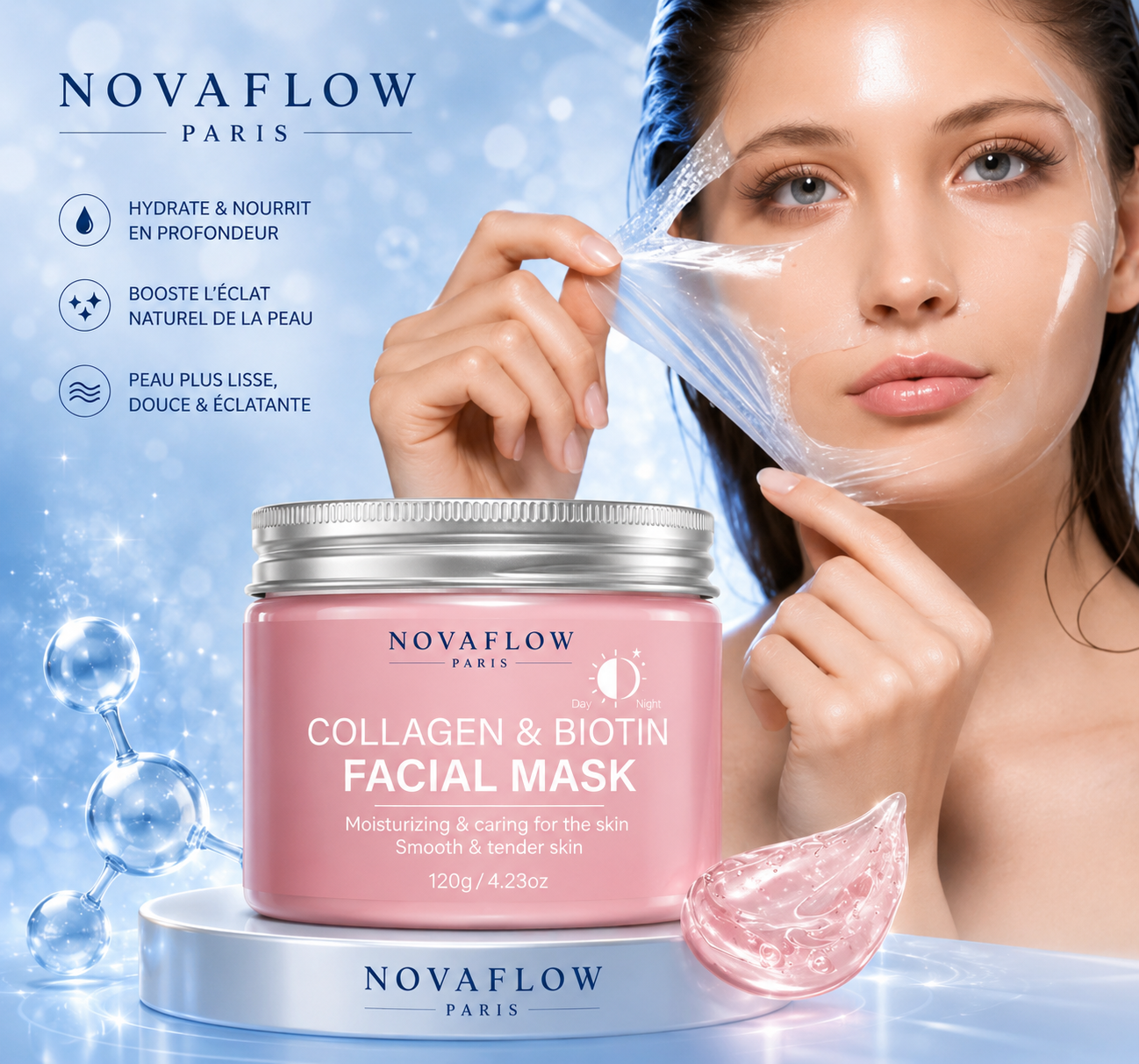 Masque Visage au Collagène & Biotine NovaFlow Paris – Hydratation Intense et Peau Éclatante