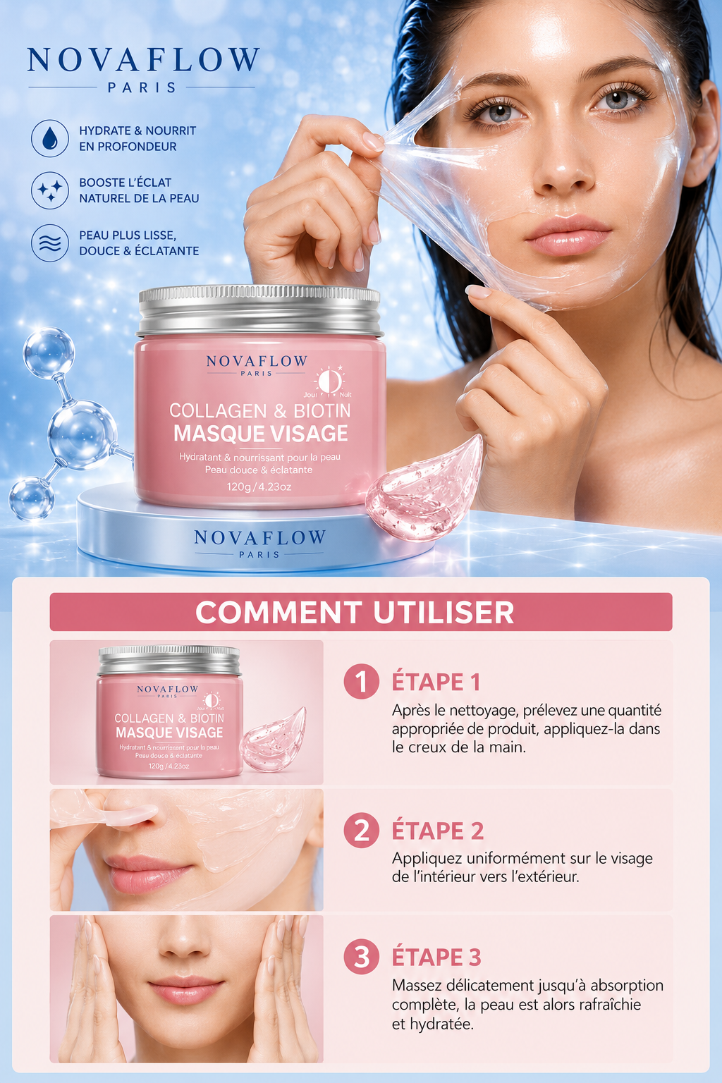 Masque Visage au Collagène & Biotine NovaFlow Paris – Hydratation Intense et Peau Éclatante