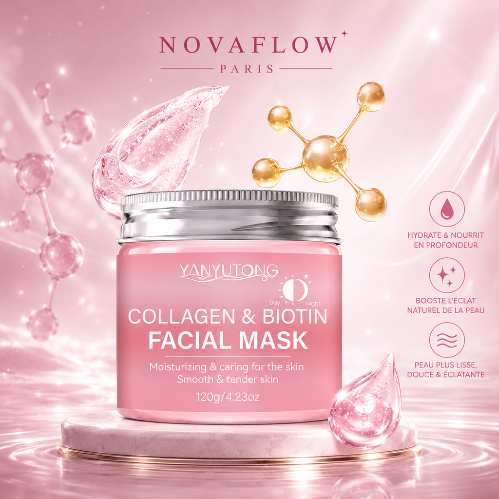 Masque Visage au Collagène & Biotine NovaFlow Paris – Hydratation Intense et Peau Éclatante