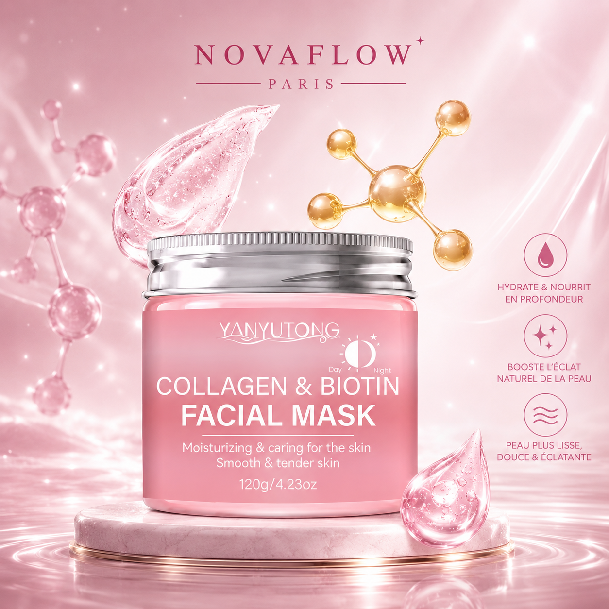Masque Visage au Collagène & Biotine NovaFlow Paris – Hydratation Intense et Peau Éclatante