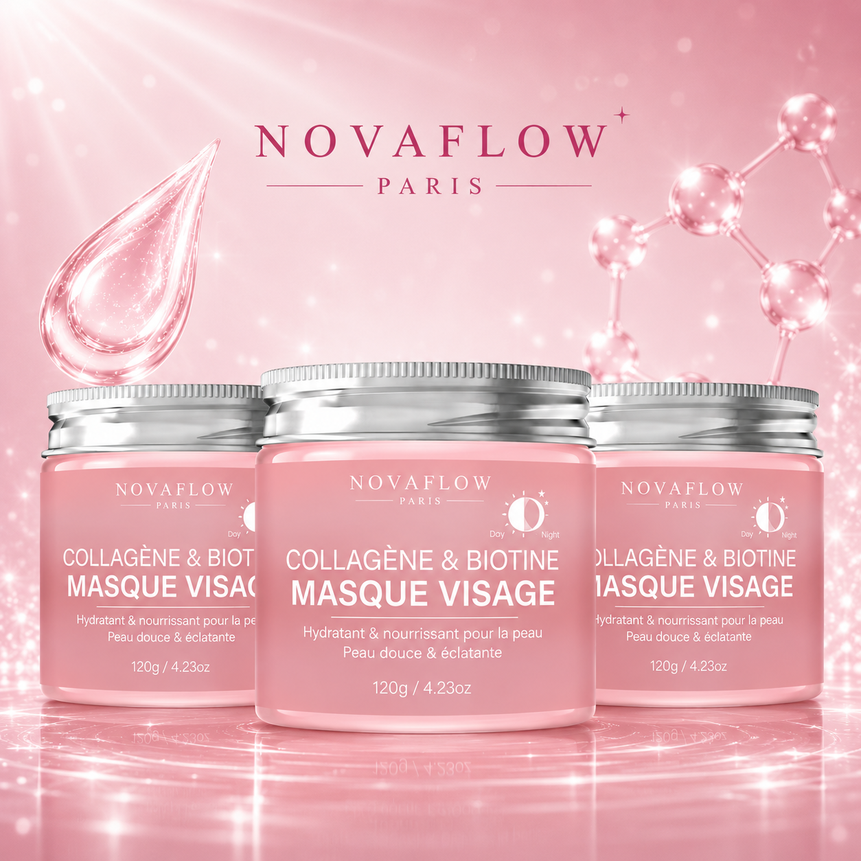 Masque Visage au Collagène & Biotine NovaFlow Paris – Hydratation Intense et Peau Éclatante